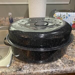 VTG Metal Double Roasting Pan Blue Speckled Enamel Rectangle Roaster‎ 14x12.5